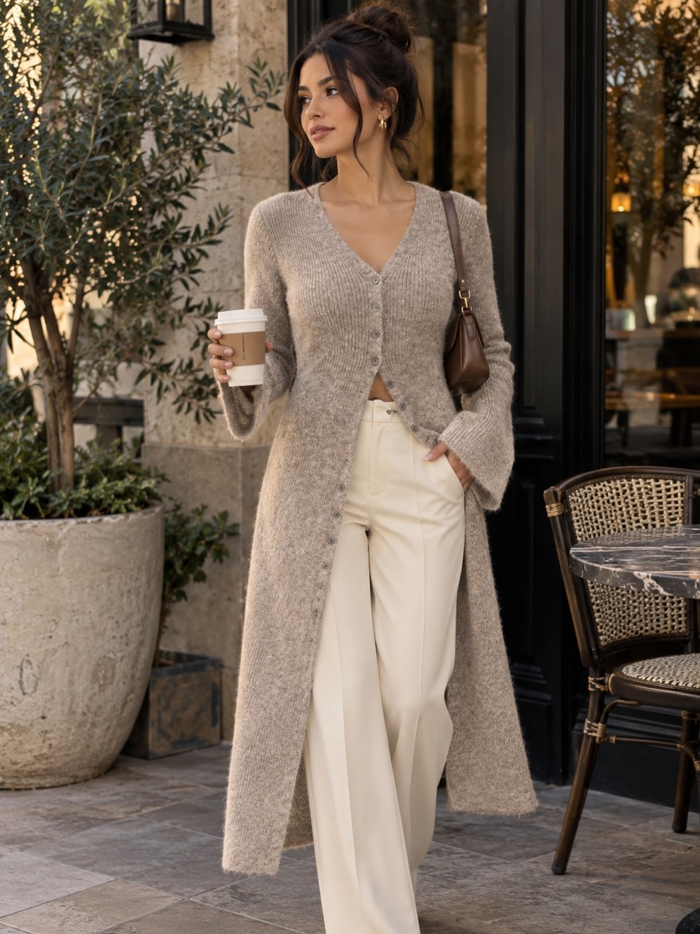 COMMENSE Stacking V-Neck Split Breasted Sweater Dress – Light Brown